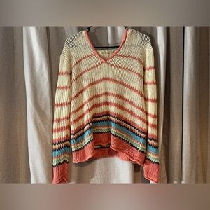 Paradise Shores Striped Multicolor V-Neck hooded Knit Sweater Size Medium